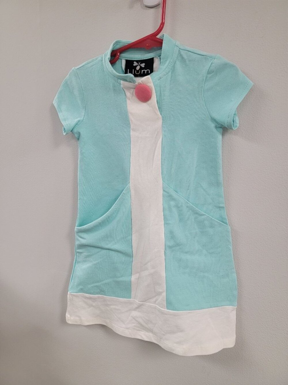 Girls Llum Short Sleeve Aqua & White Dress With Pockets 5T
